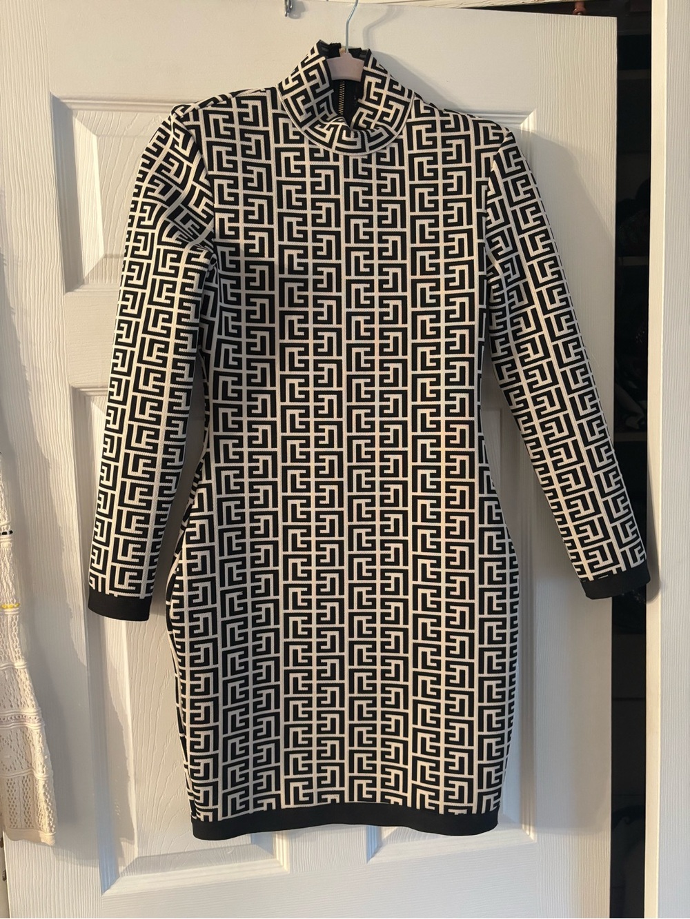 Black & White Geometric Turtleneck Knit Dress